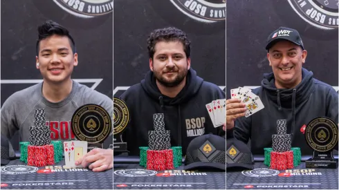 Jorge Hou Huang (à esquerda), Bruno Porto (ao centro) e Marco Bertolino (à direita) ganharam torneios no BSOP Millions