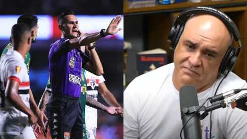Árbitro Matheus Candançan analisando o lance de pênalti em Palmeiras x São Paulo. Foto árbitro: Ettore Chiereguini/AGIF. Foto Marcos: Poscast Pod Pah / YouTube