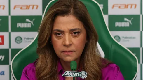 A presidente do Palmeiras, Leila Pereira, em entrevista coletiva na Academia de Futebol, no dia 16/01/2024. Foto: Cesar Greco/Palmeira