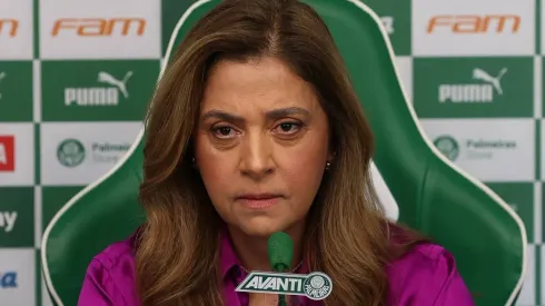 A presidente do Palmeiras, Leila Pereira, em entrevista coletiva na Academia de Futebol, no dia 16/01/2024. Foto: Cesar Greco/Palmeira
