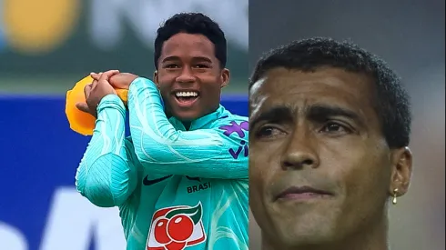 Endrick e Romário com a camisa da Seleção Brasileira. Joia do Verdão é comparado com o baixinho. Fotos: Allsport UK/ALLSPORT e Buda Mendes/Getty Images.