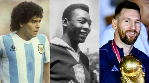 Maradona, Pelé e Messi na lista dos melhores jogadores da história. Fotos: Keystone/Steve Powell/Allsport/ Marcelo Endelli/Getty Images