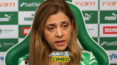 A presidente Leila Pereira, concedendo entrevista coletiva na Academia de Futebol, no dia 14/11/2022. Foto: Cesar Greco/SEP