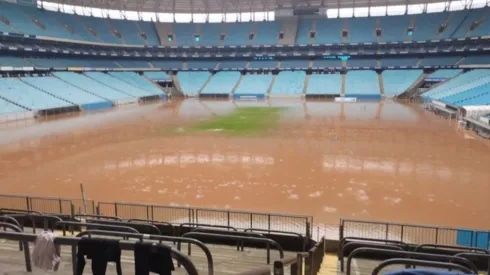 Arena do Grêmio sofreu com a enchente neste sábado.