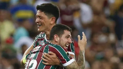 RIO DE JANEIRO, BRAZIL - NOVEMBER 4: Nino of Fluminense hugs German Cano of Fluminense after winning the final match of Copa CONMEBOL Libertadores 2023 between Fluminense and Boca Juniors at Maracana Stadium on November 4, 2023 in Rio de Janeiro, Brazil. (Photo by Ricardo Moreira/Getty Images)