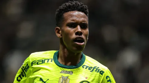 Estêvão jogador do Palmeiras comemora seu gol durante partida contra o Atletico-MG no estadio Arena MRV pelo campeonato Brasileiro A 2024. Foto: Gilson Lobo/AGIF