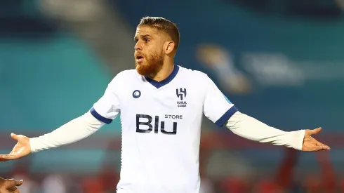 TANGER MED, MOROCCO - FEBRUARY 07: Gustavo Cuellar (r) of Al Hilal SFC alongside Saud Abdulhamid (l) during the FIFA Club World Cup Morocco 2022 Semi Final match between Flamengo v Al Hilal SFC at Stade Ibn-Batouta on February 07, 2023 in Tanger Med, Morocco. (Photo by Michael Steele/Getty Images)