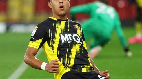 WATFORD, ENGLAND - SEPTEMBER 20: Matheus Martins of Watford celebrates after scoring the team's second goal during the Sky Bet Championship match between Watford and West Bromwich Albion at Vicarage Road on September 20, 2023 in Watford, England. (Photo by Richard Heathcote/Getty Images)