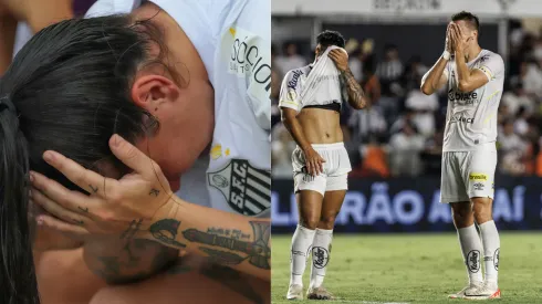 À esquerda, jogadora Karla lamenta a queda do Santos no futebol feminino. À direita, jogadores do Santos lamentando, em dezembro do ano passado, queda no Brasileirão.
