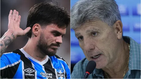 Nathan Pescador e Renato Gaúcho em entrevistas no Grêmio. Foto: Ettore Chiereguini/João Vitor Rezende Borba/AGIF