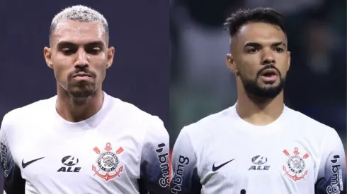 Matheuzinho e Raniele, jogadores do Corinthians durante partida contra o Botafogo no estádio Arena Corinthians pelo campeonato Brasileiro A 2024