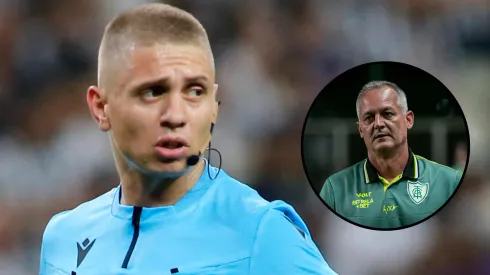 O treinador Lisca e o árbitro Arthur Gomes Rabelo. Fotos: LC Moreira/Thenews2/imago images e Fernando Moreno/AGIF