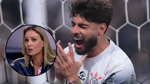 Yuri Alberto durante partida contra o Juventude e Nadine Basttos em comentário. Fotos: Ettore Chiereguini/AGIF e Reprodução/Fox Sports