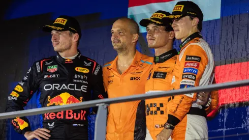 Verstappen, Norris e Piastri fomando o pódio no GP de Singapura (2024)