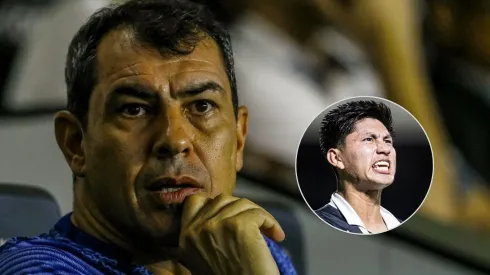 Carille conversa com Miguelito após polêmica no Santos. Fotos: Marco Miatelo e Abner Dourado/AGIF