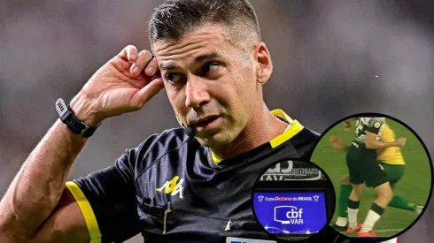 Bruno Arleu de Araújo não assinalou pênalti em Breno Bidon no início do jogo na Arena Pantanal - Fotos: IMAGO e Reprodução/SporTV