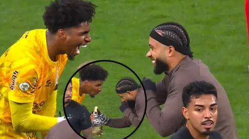 Hugo Souza e Memphis Depay caíram na gargalhada após Corinthians vencer dérbi – Foto: Reprodução/ESPN
