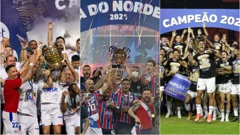 Fortaleza, Bahia e Ceará com as taças da Copa do Nordeste. Foto: Kely Pereira/Itawi Albuquerque/Rafael Vieira/AGIF
