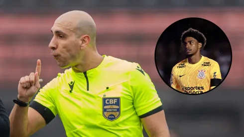 Hugo Souza, goleiro do Corinthians, e o árbitro Lucas Canetto Bellote