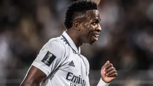 Vinicius Junior, jogador do Real Madrid comemora durante partida contra o Al Hilal no estadio Principe Moulay Abdellah pelo campeonato Mundial De Clubes 2023. Foto: Pedro Martins/AGIF