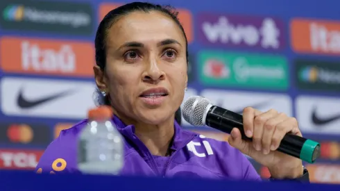 Marta jogadora da Seleção Brasileira de Futebol Feminino concede entrevista coletiva na Arena de Pernambucano antes do treino desta sexta-feira (31).