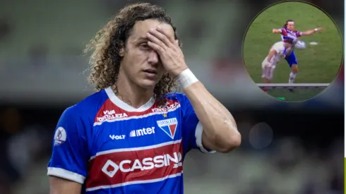 VAR não viu infração de David Luiz em Rogel dentro da área em Fortaleza x Internacional – Fotos: Lucas Emanuel/AGIF e Reprodução/YouTube