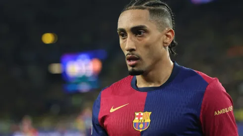DORTMUND, GERMANY – APRIL 15: Raphinha of FC Barcelona reacts during the UEFA Champions League 2024/25 Quarter Final Second Leg match between Borussia Dortmund and FC Barcelona at BVB Stadion Dortmund on April 15, 2025 in Dortmund, Germany. (Photo by Alex Grimm/Getty Images)