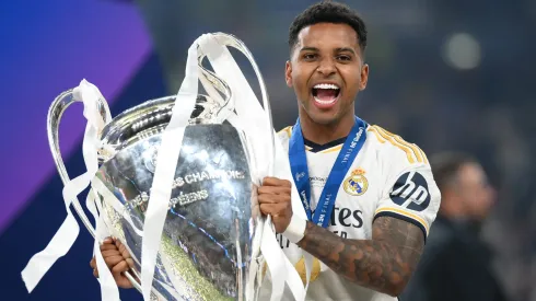 LONDON, ENGLAND – JUNE 01: Rodrygo of Real Madrid poses for a photograph with the UEFA Champions League Trophy after his team's victory during the UEFA Champions League 2023/24 Final match between Borussia Dortmund and Real Madrid CF at Wembley Stadium on June 01, 2024 in London, England. (Photo by Justin Setterfield/Getty Images)