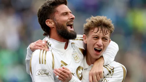 SEATTLE, WASHINGTON – MARCH 08: Olivier Giroud #9 celebrates a goal by Nathan Ordaz #27 of Los Angeles FC during the first half against the Seattle Sounders at Lumen Field on March 08, 2025 in Seattle, Washington. (Photo by Steph Chambers/Getty Images)