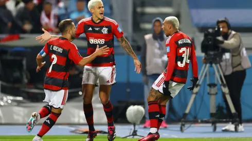 TANGER MED, MOROCCO – FEBRUARY 07: Pedro of Flamengo celebrates after scoring the team's first goal during the FIFA Club World Cup Morocco 2022 Semi Final match between Flamengo v Al Hilal SFC at Stade Ibn-Batouta on February 07, 2023 in Tanger Med, Morocco. (Photo by Michael Steele/Getty Images)