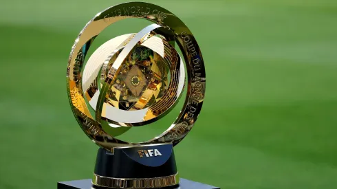 LOS ANGELES, CALIFORNIA – MAY 31: A detailed view of the Club World Cup trophy before the game between the Los Angeles Football Club and Club América in a FIFA Club World Cup 2025 Play-In at BMO Stadium on May 31, 2025 in Los Angeles, California. (Photo by Luke Hales/Getty Images)