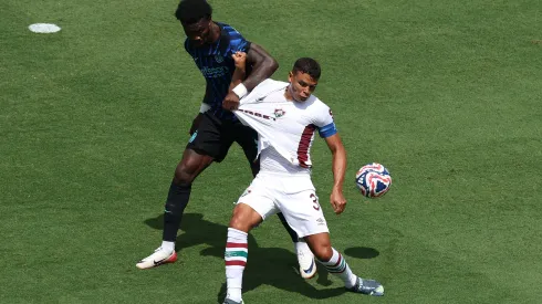 CHARLOTTE, NORTH CAROLINA – JUNE 30: Thiago Silva #3 of Fluminense FC is challenged by Marcus Thuram #9 of FC Internazionale Milano during the FIFA Club World Cup 2025 round of 16 match between FC Internazionale Milano and Fluminense FC at Bank of America Stadium on June 30, 2025 in Charlotte, North Carolina. (Photo by Buda Mendes/Getty Images)
