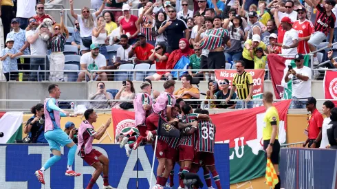 ORLANDO, FLORIDA – JULY 04: Hercules #35 of Fluminense FC celebrates scoring his team's second goal with teammates during the FIFA Club World Cup 2025 quarter final match between Fluminense FC and Al Hilal at Camping World Stadium on July 04, 2025 in Orlando, Florida. (Photo by Megan Briggs/Getty Images)