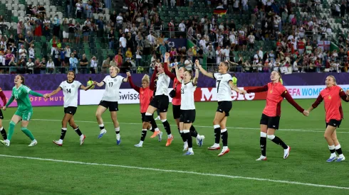 ST GALLEN, SWITZERLAND – JULY 04: Players of Germany celebrate victory after the UEFA Women's EURO 2025 Group C match between Germany and Poland at Arena St. Gallen on July 04, 2025 in St Gallen, Switzerland. (Photo by Alexander Hassenstein/Getty Images)
