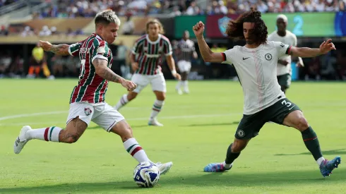 EAST RUTHERFORD, NEW JERSEY – JULY 08: Yeferson Soteldo #7 of Fluminense FC shoots against Marc Cucurella #3 of Chelsea FC during the FIFA Club World Cup 2025 semi-final match between Fluminense FC and Chelsea FC at MetLife Stadium on July 08, 2025 in East Rutherford, New Jersey. (Photo by Al Bello/Getty Images)