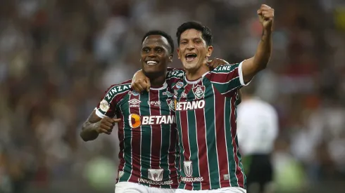 RIO DE JANEIRO, BRAZIL – AUGUST 19: Jhon Arias of Fluminense celebrates after scoring the third goal of his team with German Cano of Fluminense during a match between Fluminense and America MG as part of Brasileirao 2023 at Maracana Stadium on August 19, 2023 in Rio de Janeiro, Brazil. (Photo by Wagner Meier/Getty Images)