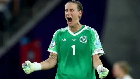 BASEL, SWITZERLAND – JULY 19: Ann-Katrin Berger of Germany celebrates after Sjoeke Nuesken of Germany (not pictured) scores her team's first goal during the UEFA Women's EURO 2025 Quarter-Final match between France and Germany at St. Jakob-Park on July 19, 2025 in Basel, Switzerland. (Photo by Alexander Hassenstein/Getty Images)