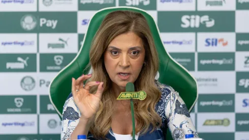 Leila Pereira em entrevista no Palmeiras. Foto: Ettore Chiereguini/AGIF