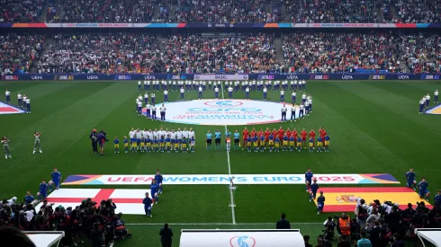 BASEL, SWITZERLAND – JULY 27: A general view as players, match officials and mascots line up prior to the UEFA Women's EURO 2025 Final match between England and Spain at St. Jakob-Park on July 27, 2025 in Basel, Switzerland. (Photo by Matthias Hangst/Getty Images)