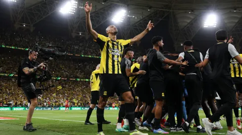 JEDDAH, SAUDI ARABIA – MAY 30: Fabinho of Al-Ittihad celebrates after Karim Benzema of Al-Ittihad (obscured) scores his team's third goal during the Final King's Cup match between Al Ittihad and Al Qadsiah at King Abdullah Sports City on May 30, 2025 in Jeddah, Saudi Arabia. (Photo by Yasser Bakhsh/Getty Images)