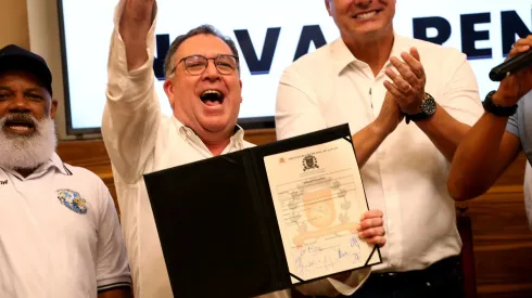 O presidente do Santos FC Marcelo Teixeira em coletiva de imprensa realizada no Prefeitura De Santos. Foto: Mauricio De Souza/AGIF