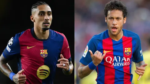 Raphinha e Neymar em campo pelo Barcelona. Foto: David Ramos/Getty Images e Denis Doyle/Getty Images
