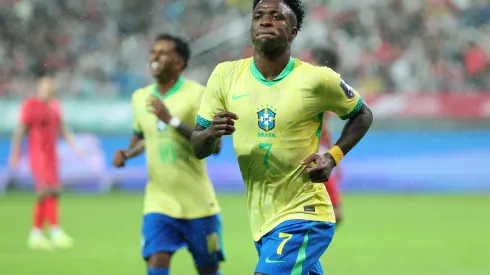 SEOUL, SOUTH KOREA – OCTOBER 10: Vinicius Junior of Brazil celebrates after scoring the team's fifth goal during the international friendly between South Korea and Brazil at Seoul World Cup Stadium on October 10, 2025 in Seoul, South Korea. (Photo by Chung Sung-Jun/Getty Images)