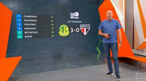 Edição do RJ do Globo Esporte mostrou Flamengo na liderança do Brasileirão Betano – Foto: Reprodução/Globo