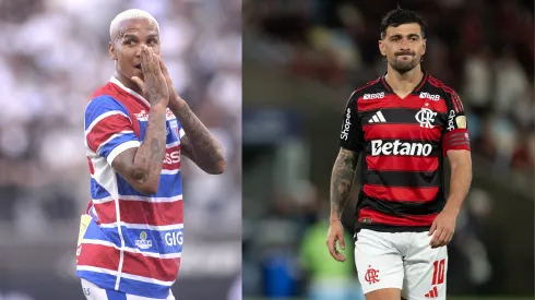 Deyverson e Arrascaeta vão se enfrentar na Arena Castelão – Fotos: Alan Morici/AGIF e Jorge Rodrigues/AGIF