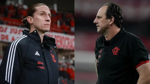Filipe Luís e Rogério Ceni, técnicos do Flamengo em 2025 e 2020, respectivamente. Fotos: Maxi Franzoi/AGIF e Thiago Ribeiro/AGIF
