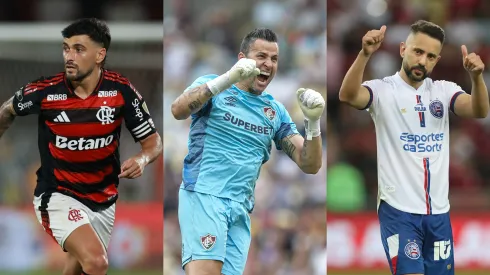 Arrascaeta, Fábio e Everton Ribeiro são destaques em suas equipes no Brasileirão. Fotos: Buda Mendes/Getty Images, Thiago Ribeiro/AGIF e Wagner Meier/Getty Images