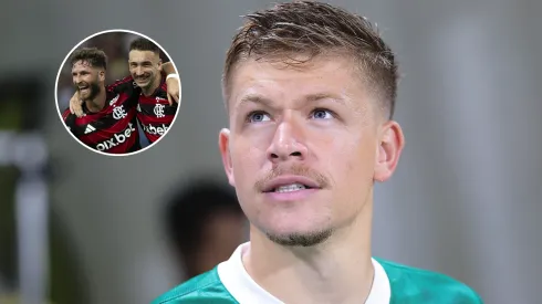 Bruno Fuchs supera zagueiros do Flamengo no ataque. FotoxFoto: Bruno Fuchs (Ettore Chiereguini/AGIF); Flamengo (Jorge Rodrigues/AGIF)