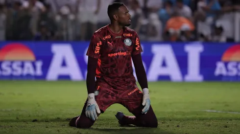 SP – SANTOS – 15/11/2025 – BRASILEIRO A 2025, SANTOS X PALMEIRAS – Carlos Miguel jogador do Palmeiras lamenta durante partida contra o Santos no estadio Vila Belmiro pelo campeonato Brasileiro A 2025. Foto: Ettore Chiereguini/AGIF