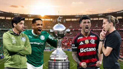 Abel Ferreira e Vitor Roque do Palmeiras enfrentam Filipe Luís e Arrascaeta do Flamengo. Fotos: Marcello Zambrana/AGIF, Miguel Schincariol/Getty Images, Jorge Rodrigues/AGIF e Thiago Ribeiro/AGIF